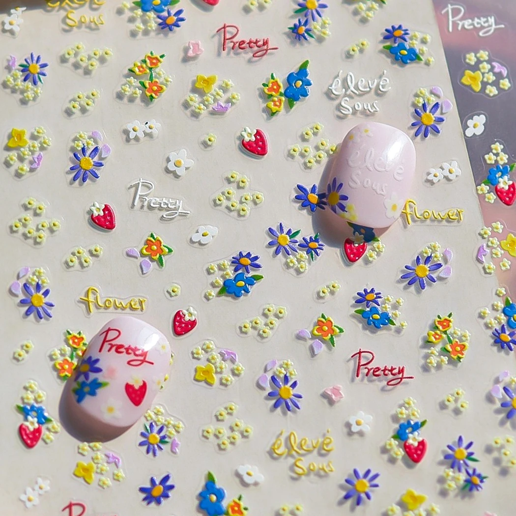 

Daisy Strawberry Flower Fruit Colourful Garden Petal Green Leaves Embossment 3D 5D Self Adhesive Nail Art Sticker Manicure Decal