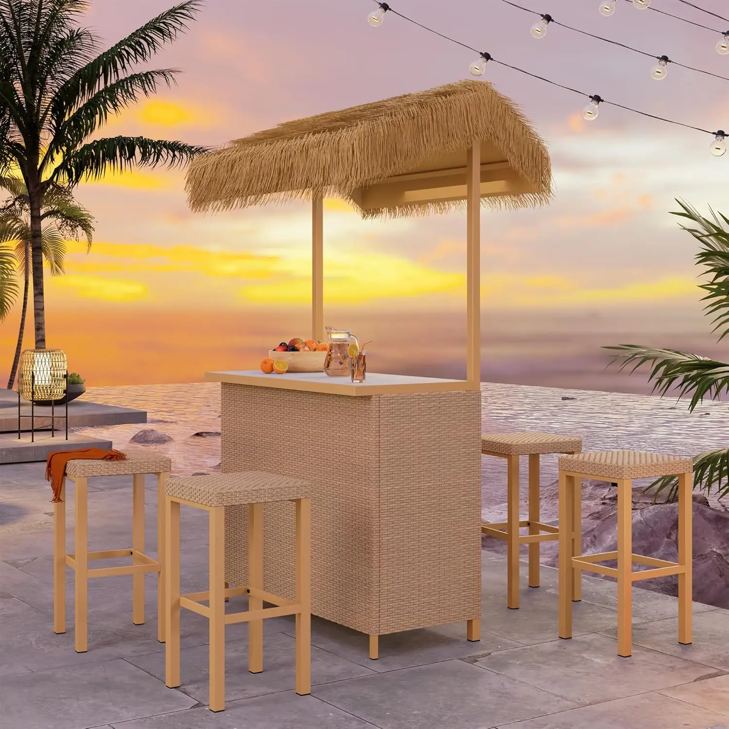 

Outdoor Tiki Bar Set with Widen Ceramic Top 5 Piece Wicker Islander Tiki Bar and 4 Stools Storage for Garden Natural