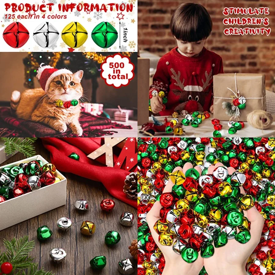 

500 Pcs 1 Inch Christmas Jingle Bells for Craft Multicolor Christmas Bells Bulk DIY Hanging Vintage Bells Charms for Xmas Wreat
