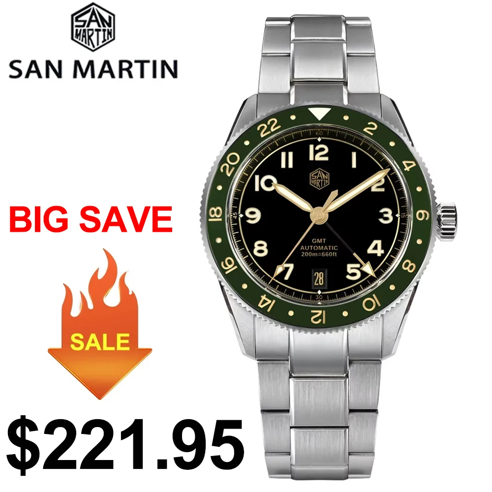 San Martin SN0140W 38mm NH34 GMT Watch Fashion Sports Automatic Mechanical Watches Sapphire Luminous 20 Bar Dive Wristwatch