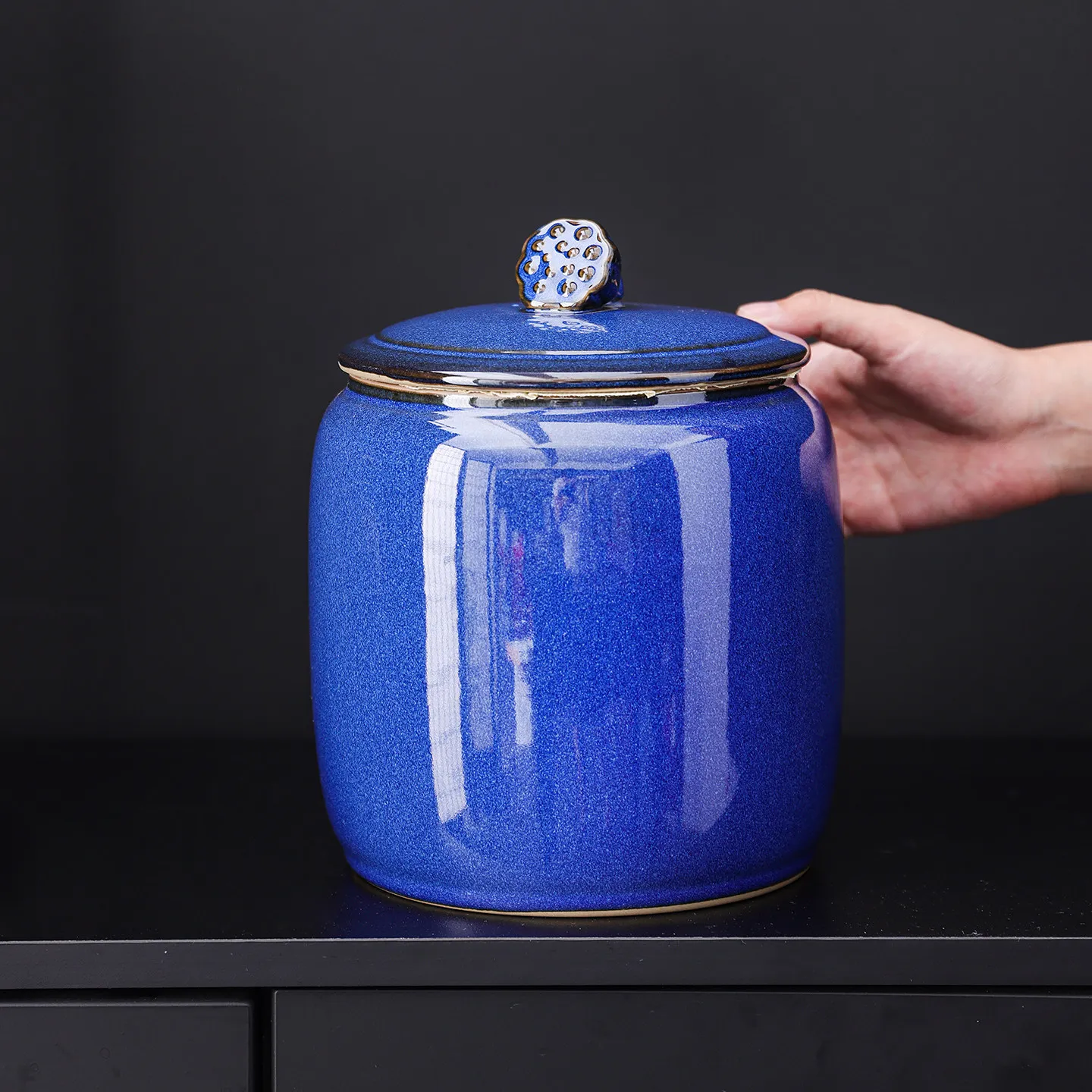 Retro Large-Size Sealed Ceramic Tea Canister with Kiln-Changed Effect Ge Kiln Jun Kiln Tea Packaging Box Holds 2 Jin Home Gift