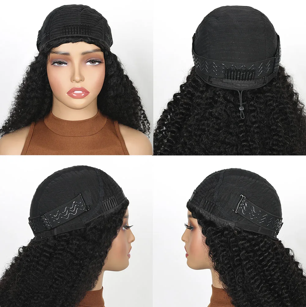 Kinky Curly Human Hair Half Wig Glueless Wig Headband Wig Upgrade 3 IN 1 Half Wig With Drawstring Seamless Clips Wig For Women