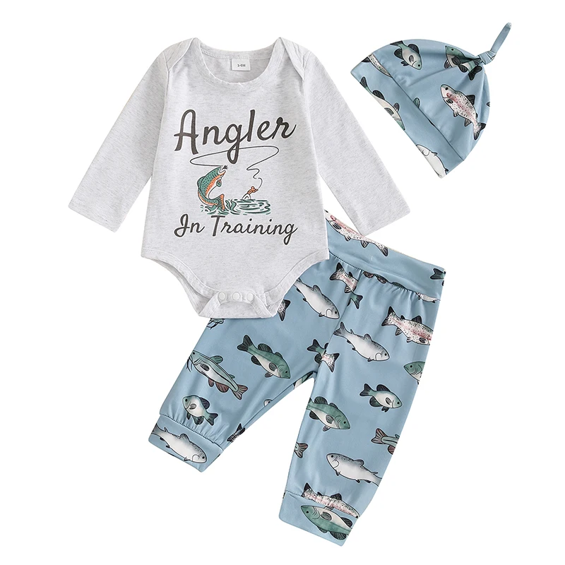 

Infant Boys 3-Piece Autumn Ensemble with Long-Sleeve Bodysuit Fish Patterned Trousers and Matching Beanie - Newborn Apparel