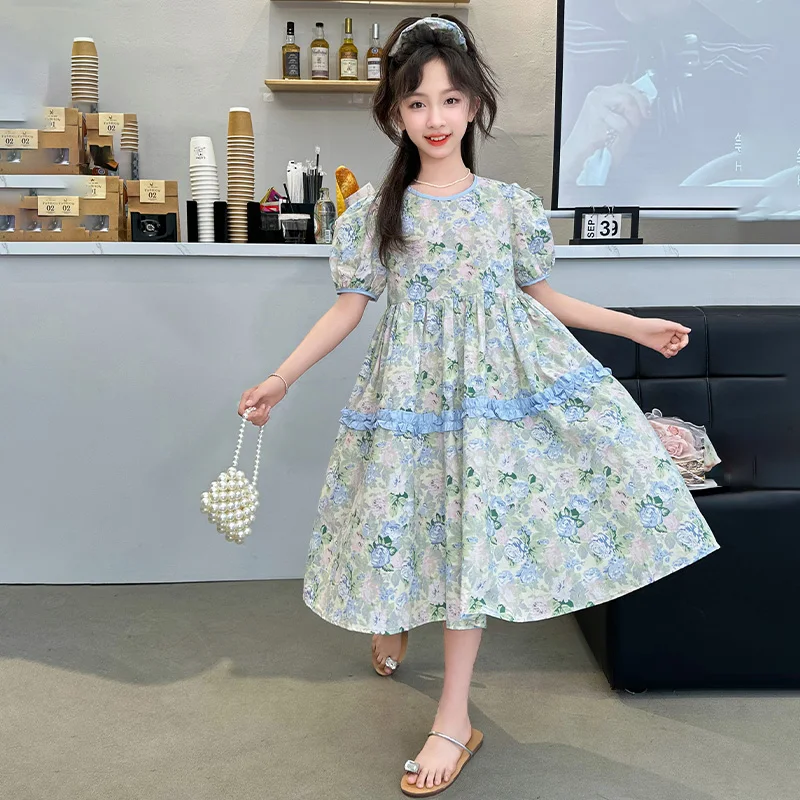 

2024 new summer girl floral dress skin-friendly breathable fabric comfortable wear-resistant trend foreign girl Joker dress