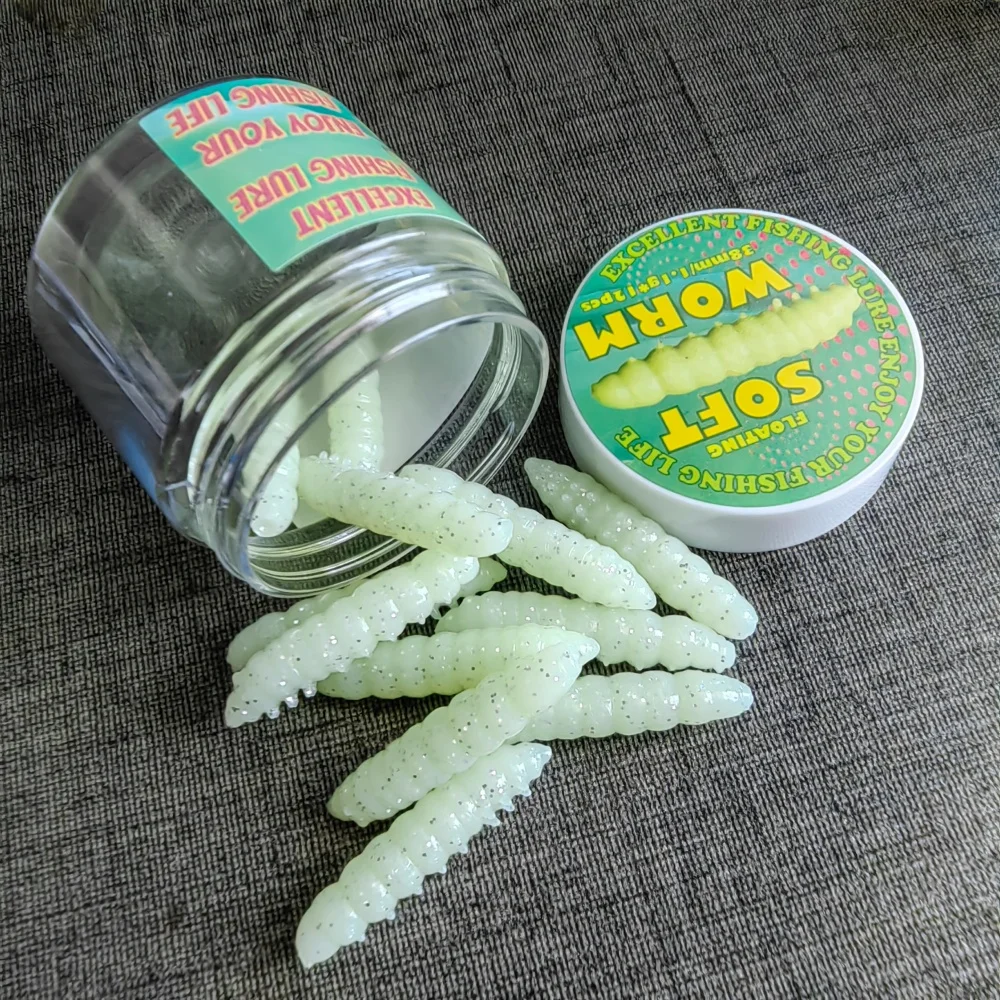 12 Stück/Box Leuchtende Simulations-Köder, schwimmende TPE-Insektenköder, 4cm 1g Brotwurm für Süßwasser-Barsch- und Forellenangeln