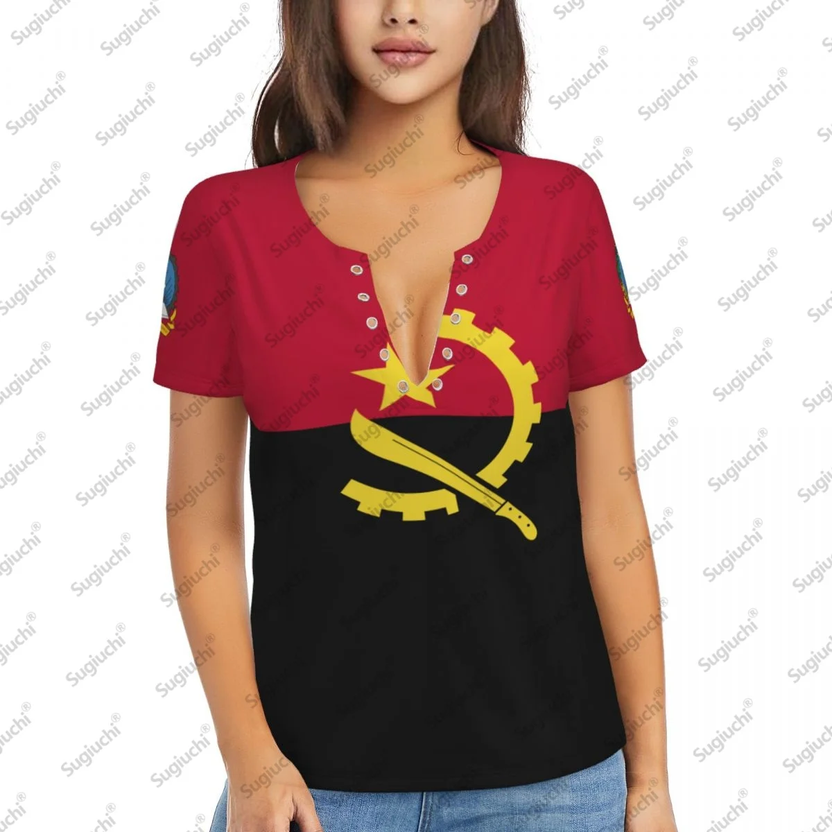 2025 أنغولا العلم مثير العميق الخامس الرقبة المرأة ثلاثية الأبعاد ملابس بأكمام قصيرة تيز الملابس النسائية بلايز فتاة بلوزة غير رسمية تيز #1