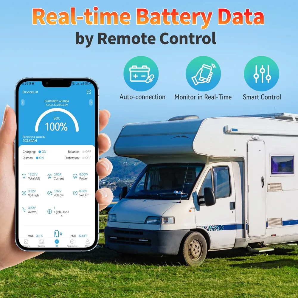 بطارية ليثيوم LiFePO4 12 فولت 100 أمبير مع بلوتوث - BMS مدمجة، حماية منخفضة الحرارة، 5000+ دورة - فوسفات حديد الليثيوم من الدرجة الأولى