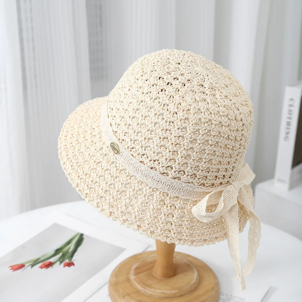 Summer Wide Brim Bucket Hat for Women Korean Style Foldable Sunshade Beach Accessory with Ribbon Bow Female Summer Hat