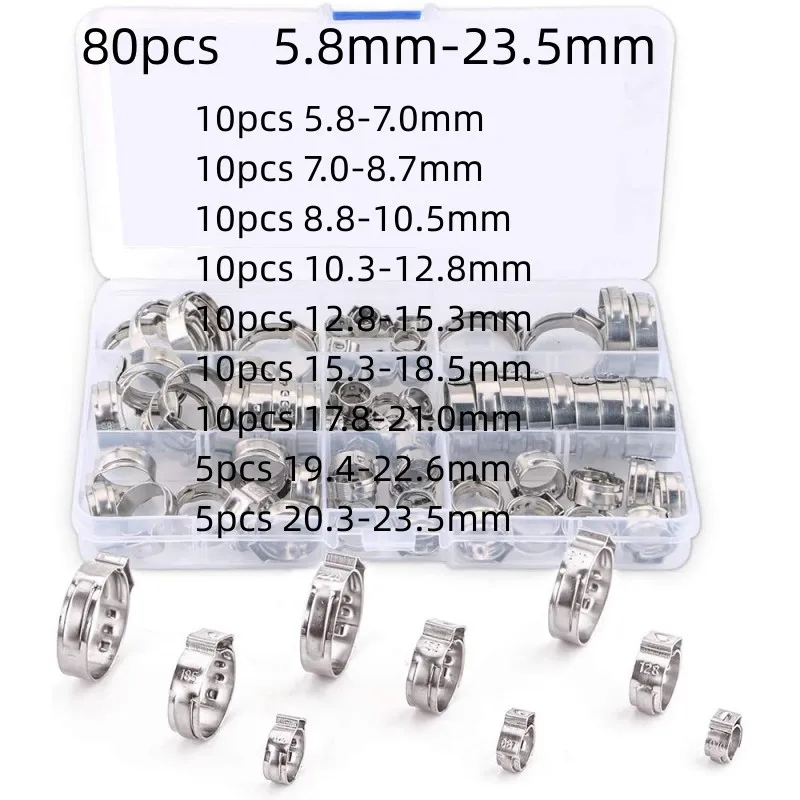 

80Pcs Hose Clamps Stainless Steel 5.8-23.5mm 1-Ear Stepless Clamp Worm Drive Fuel Water Hose Pipe Clamps Clips Hose Fuel Clamps