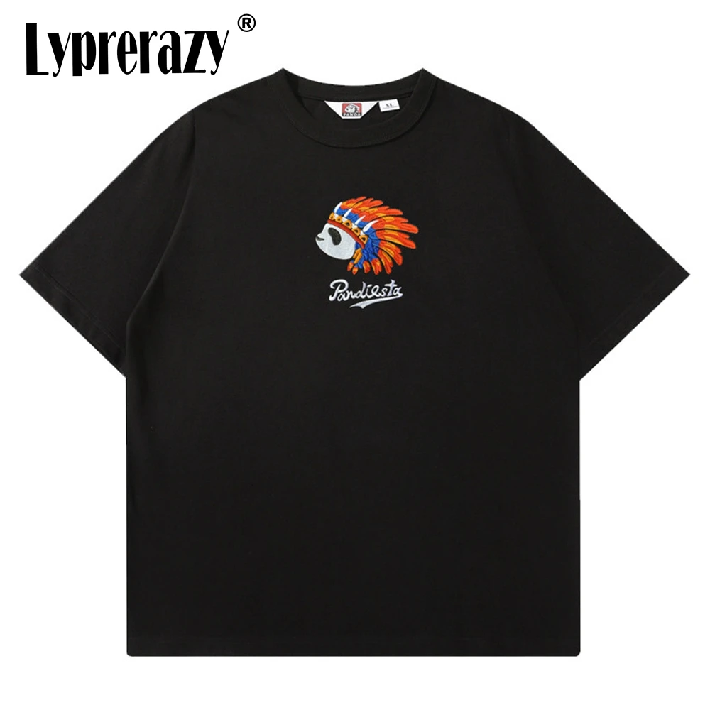 Lyprerazy Indian's Panda Embroidery Trendy Brand Men's Short Sleeve T-Shirt Cotton Loose T Shirt