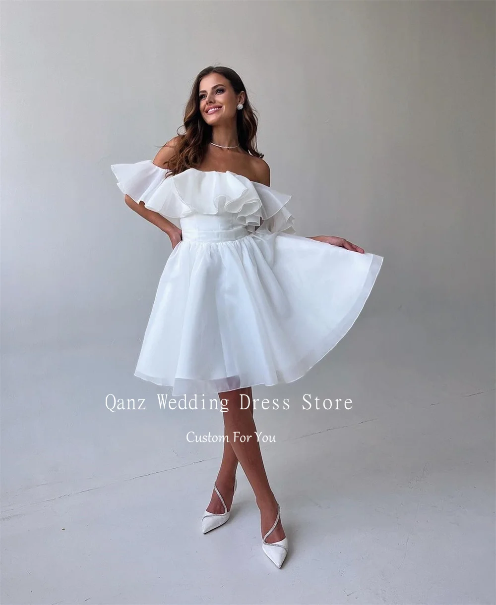 Qanz-vestido De novia De tul De seda, traje elegante con hombros descubiertos, corto, corte en A, corsé De talla grande, Para fiesta