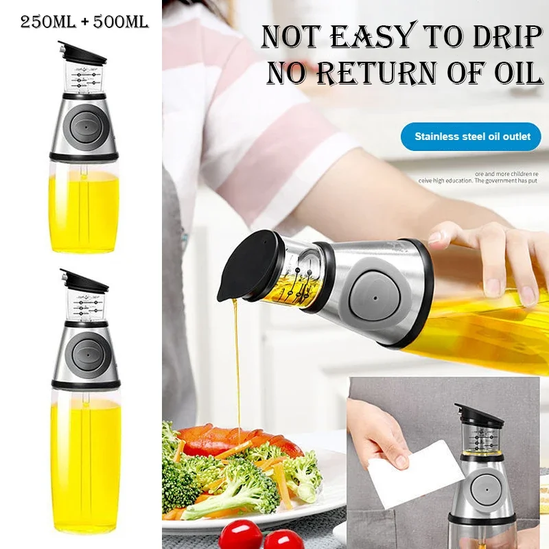 2PCS Push Type Oil Control Bottle Premium Transparent Glass Oil Vinegar Dispenser Kitchen Large Mouth Oil Pour Kettle 250/500ML