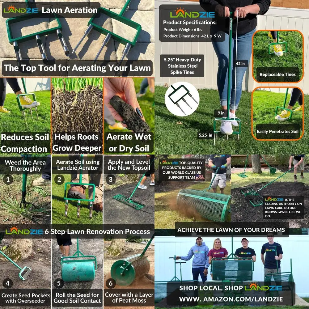 

42 Inch Manual Stainless Steel Lawn Aerator with Hollow and Spike Tines - Garden Hand Tool Set