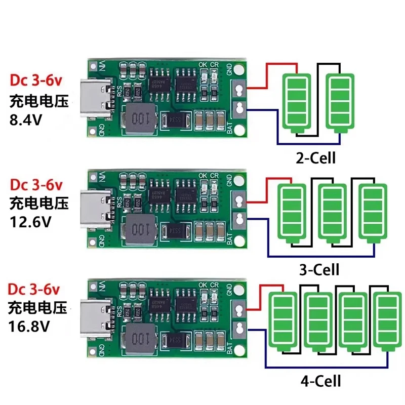 2 strings/3 strings/4 strings 1A/2A/4A Type-C to 8.4V 12.6V 16.8V boost lithium battery charging