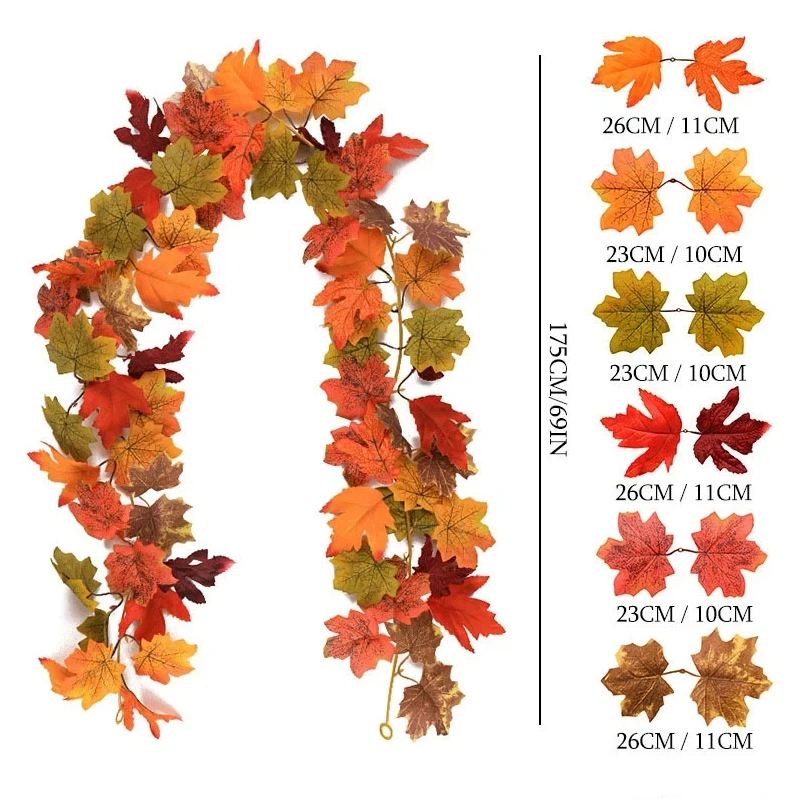 175cm Artificial Fall Maple Leaf Garland Fake Plants Autumn Decor Leaves Vine For Thanksgiving Halloween Festivals Wedding Decor