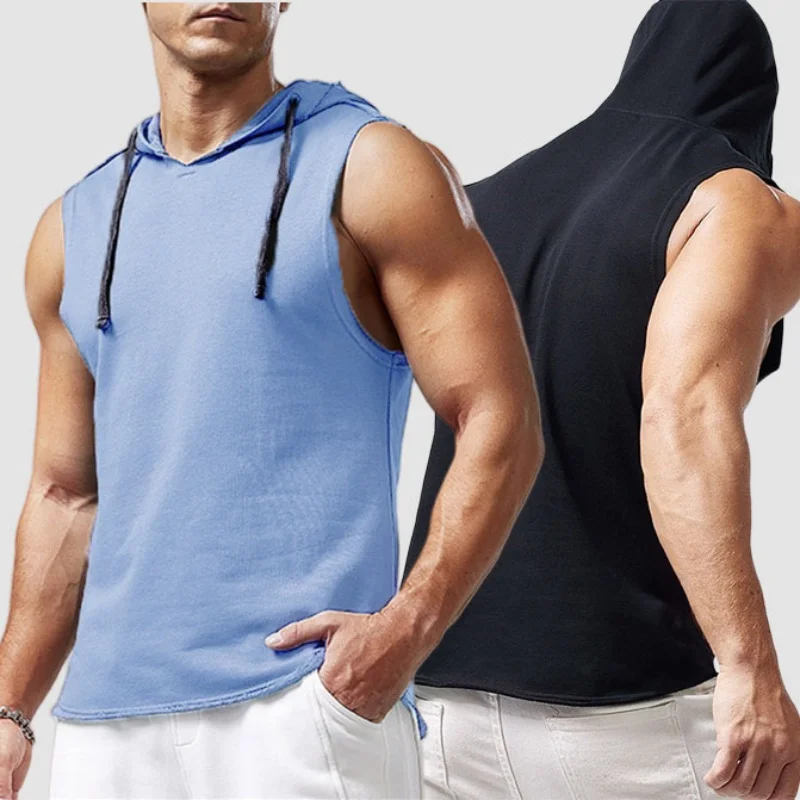 Men's Running Tank Tops Sleeveless Gym Sport T-shirt Fitness Training Workout Tee Tops Sportwear Hooded Solid Summer Men Vest