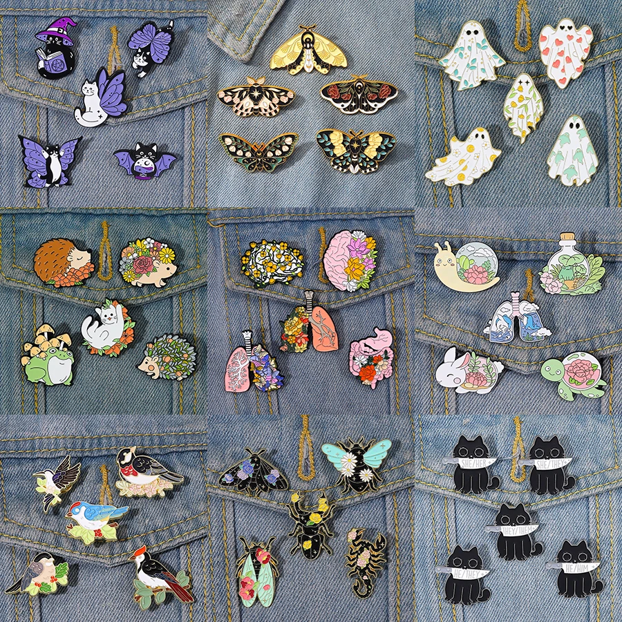 5-6 pcs/set Dinosaurs Park Enamel Pins Butterfly Hedgehog Frog Brooches Lapel Badges Animal Plant Jewelry Gift for Kids Friends