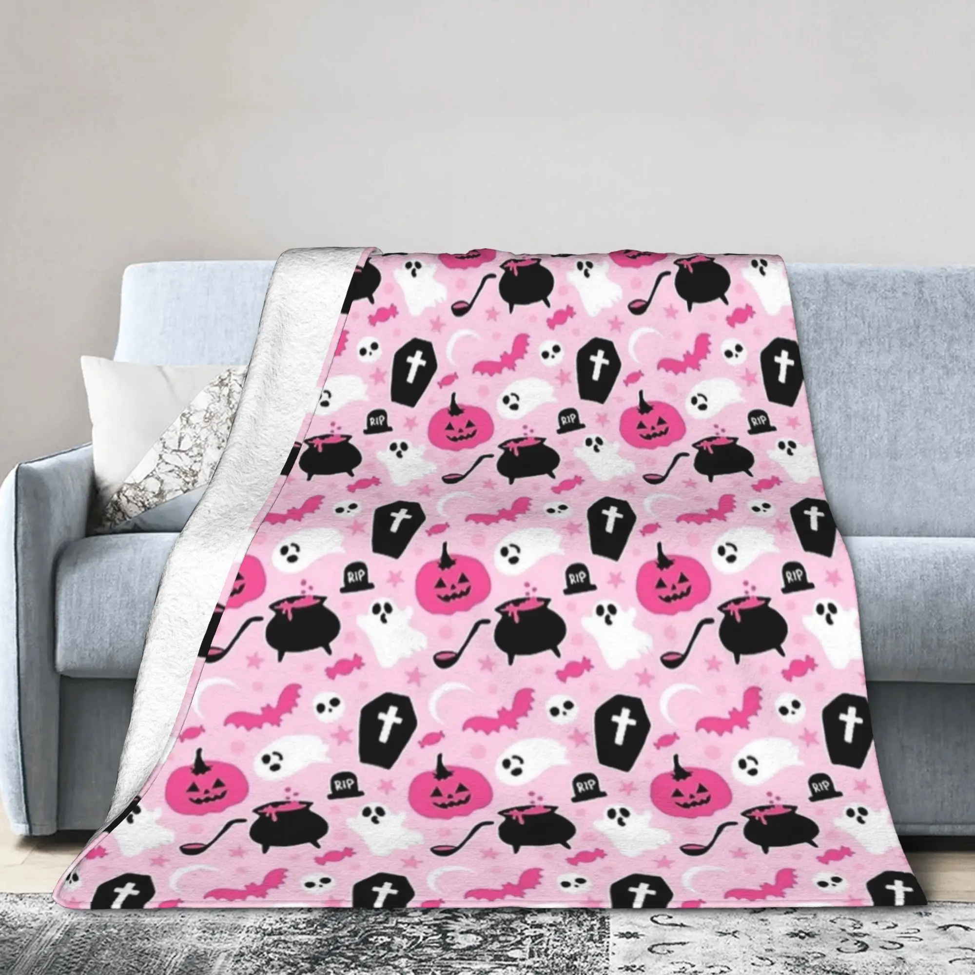 Pink Ghosts Spooky Knitted Blankets Halloween Plush Throw Blanket Summer Air Conditioning Personalised Ultra-Soft Warm Bedspread