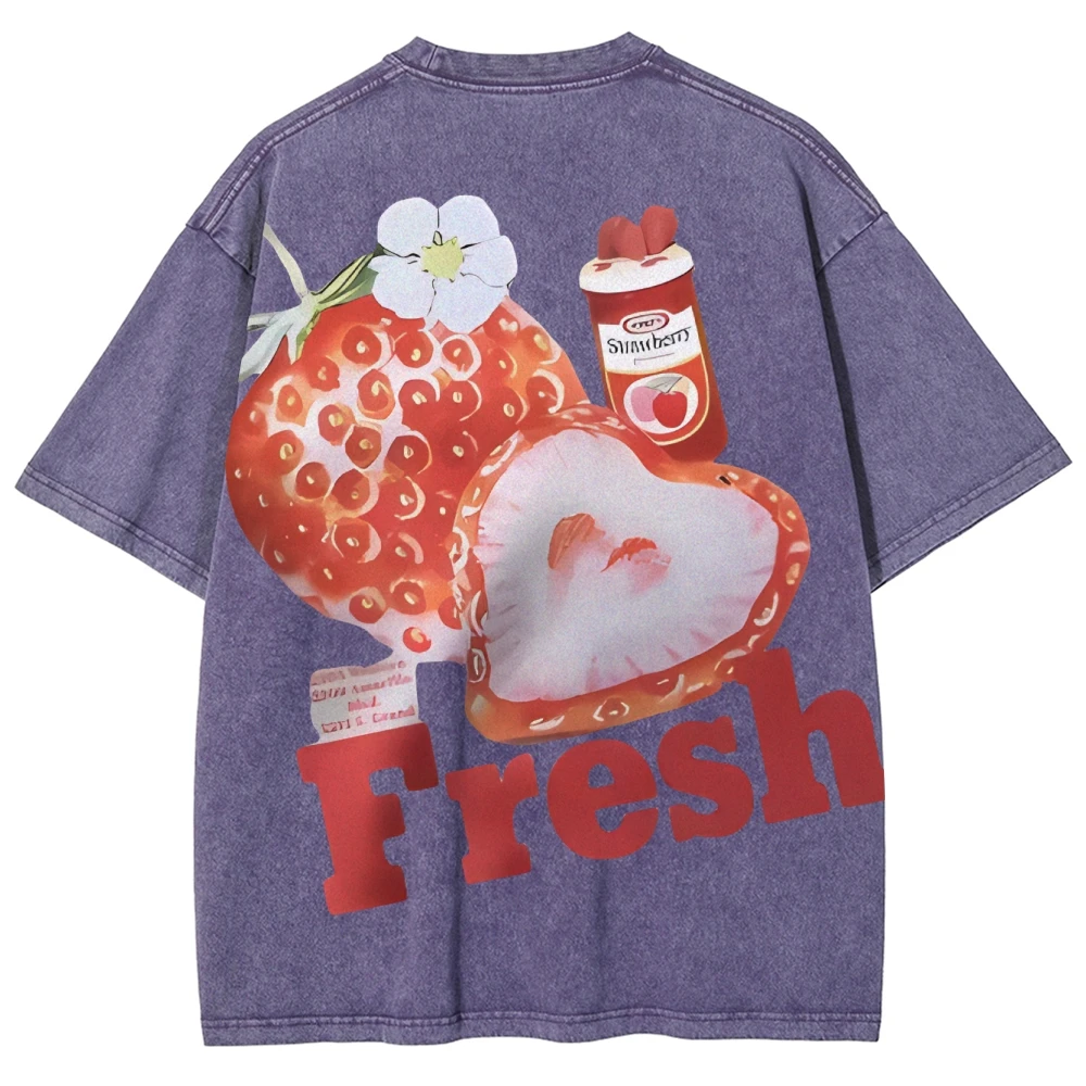Pandas Cartoon Strawberry Pattern Quality Oversized Acid Washed Y2K Women Men Vintage  Streetwear Mineral Wash T-shirts - Image 3