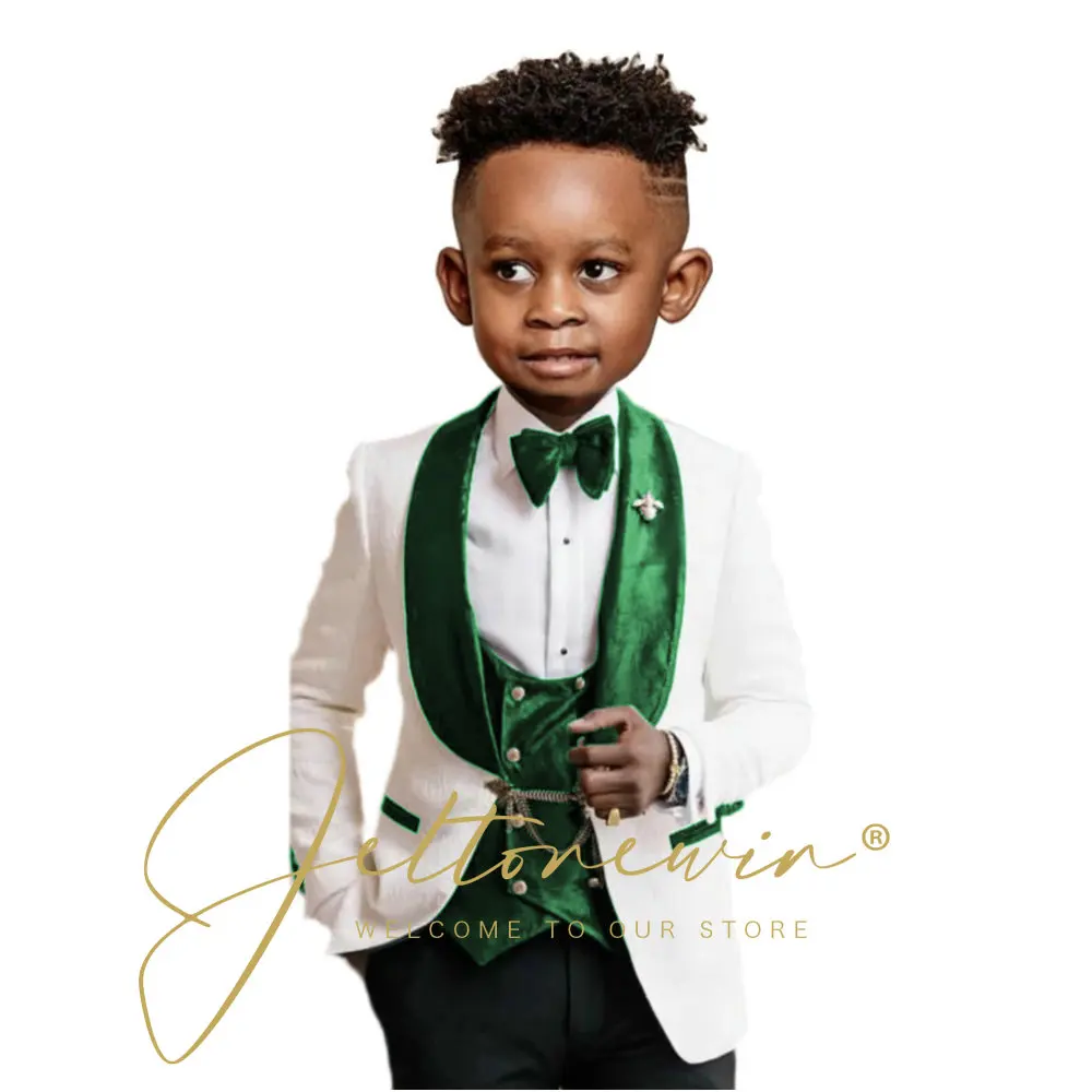 Boys White Jacquard Dress 3 Piece Set (Coat Vest Pants) Royal Blue Velvet Lapel Children's Wedding Party Cocktail Suit Set