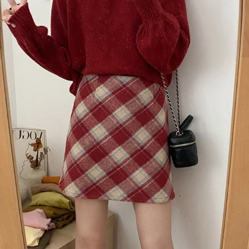 S-3XL Skirts Women Mini Plaid A-line Red Korean Style All-match Woolen Daily Casual Winter Tender Fashion Basic Designed Soft