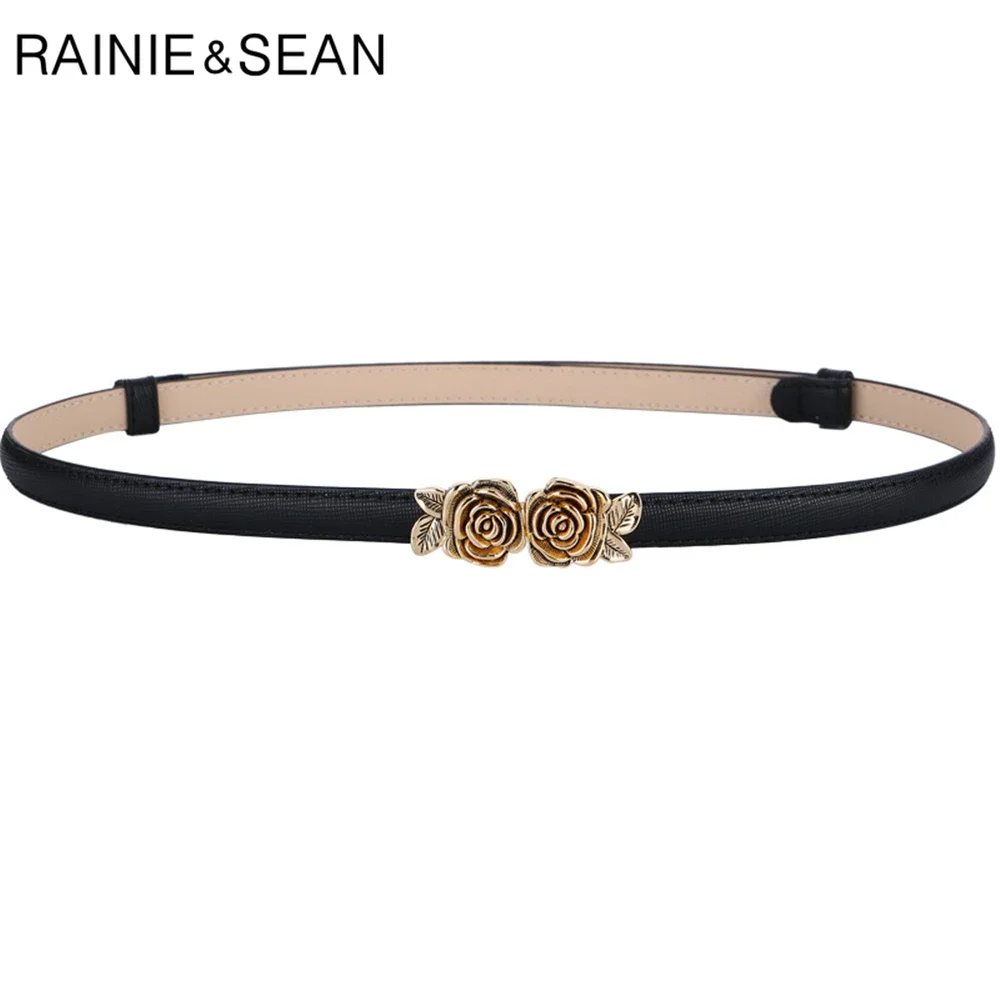 

RAINIE SEAN Genuine Leather Thin Women Belt Flower Red Ladies Belt for Dress Split Leather Female Waist Belt Golden Rose Buckle