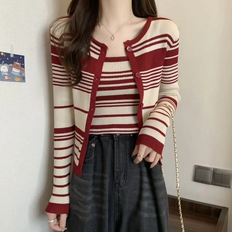 

Retro Striped Knit Two-piece Set Spring and Autumn Sexy Short Suspender Jacket Cardigans Women Clothing Cropped Sweaters Vintage