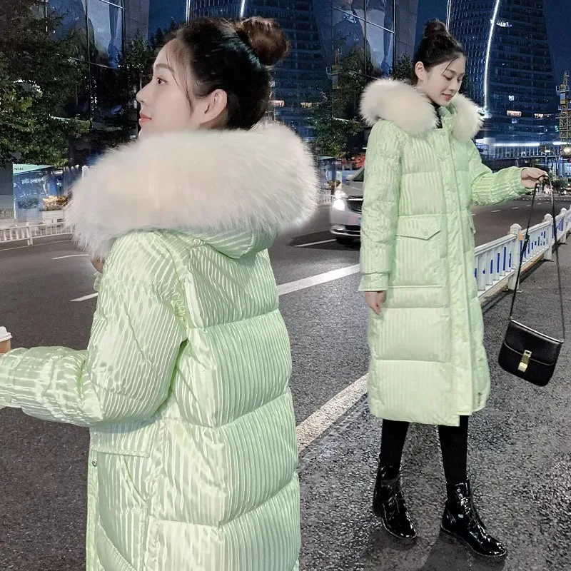 

Green Glossy Down Jacket Women 2023 Winter Korean White duck down Hooded Coat Female Fur collar Thicken Puffer Overcoat Parkas