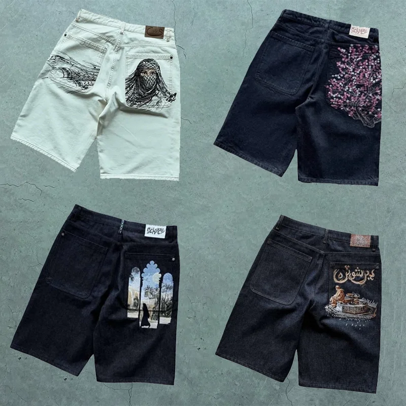 

Hot Y2K Baggy Denim Shorts embroidery pattern Hip Hop vintage Shorts 2000s Streetwear men women aesthetic wide leg jeans Shorts
