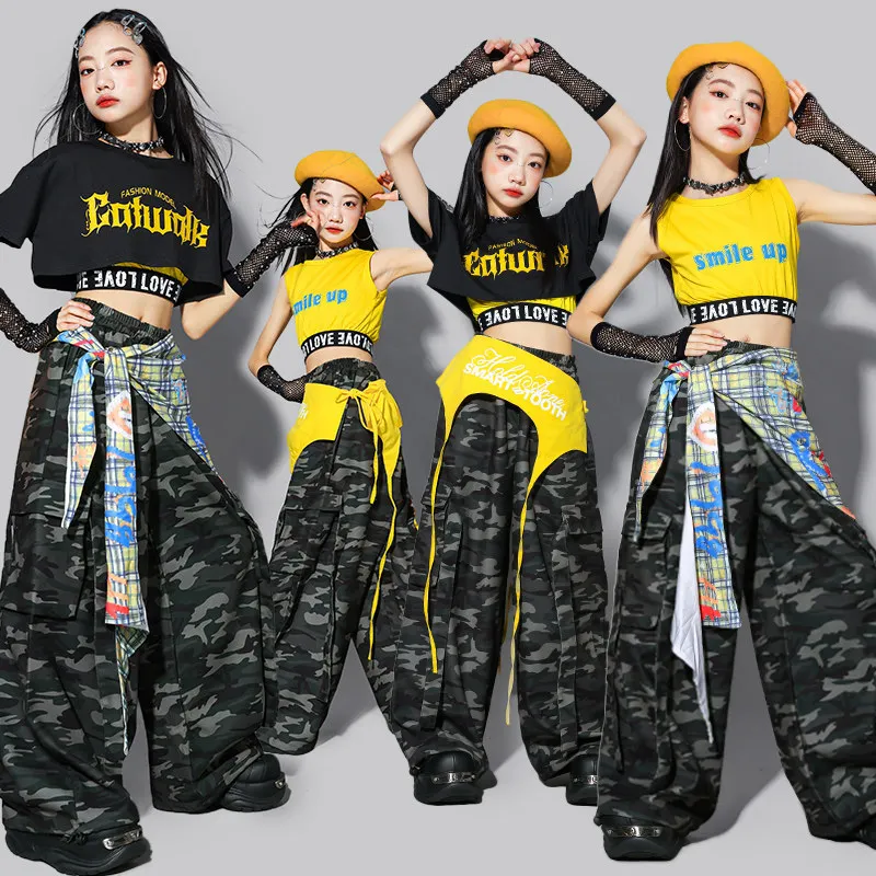 

Детские комплекты одежды для девочек: укороченные топы в стиле K-pop, камуфляжные брюки карго, костюмы для танцев в стиле хип-хоп, уличная одежда, джазовые наряды для девочек-танцовщиц