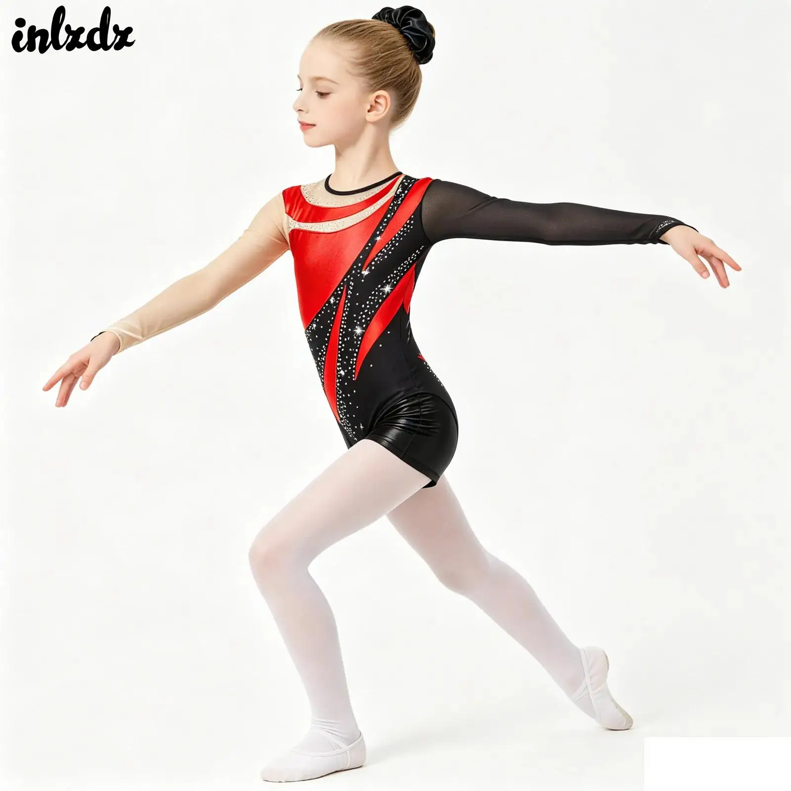 

Kids Girls Gymnastic Ballet Dance Performance Outfit Mesh Long Sleeve Shiny Leotard with Metallic Shorts Hair Band Dancewear