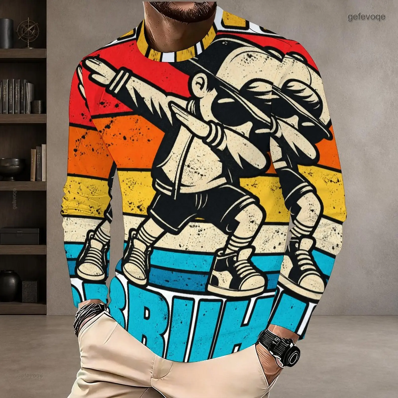 Men T Shirt with Print Round Neck Long Sleeve Pullover Straight Hem