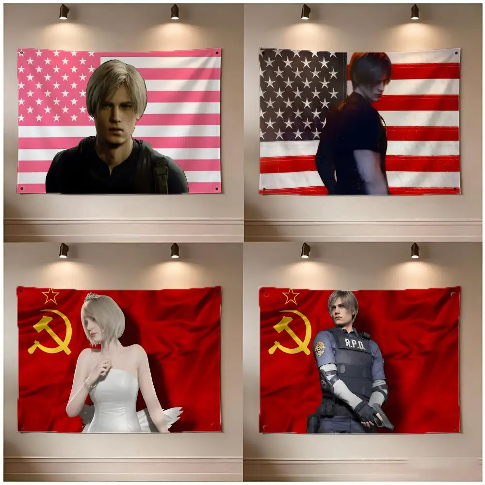 Game Character Resident Evil Leon Flags Borderless Four Ring Ornament Indoor Outdoor Decoration Quick Hang Install