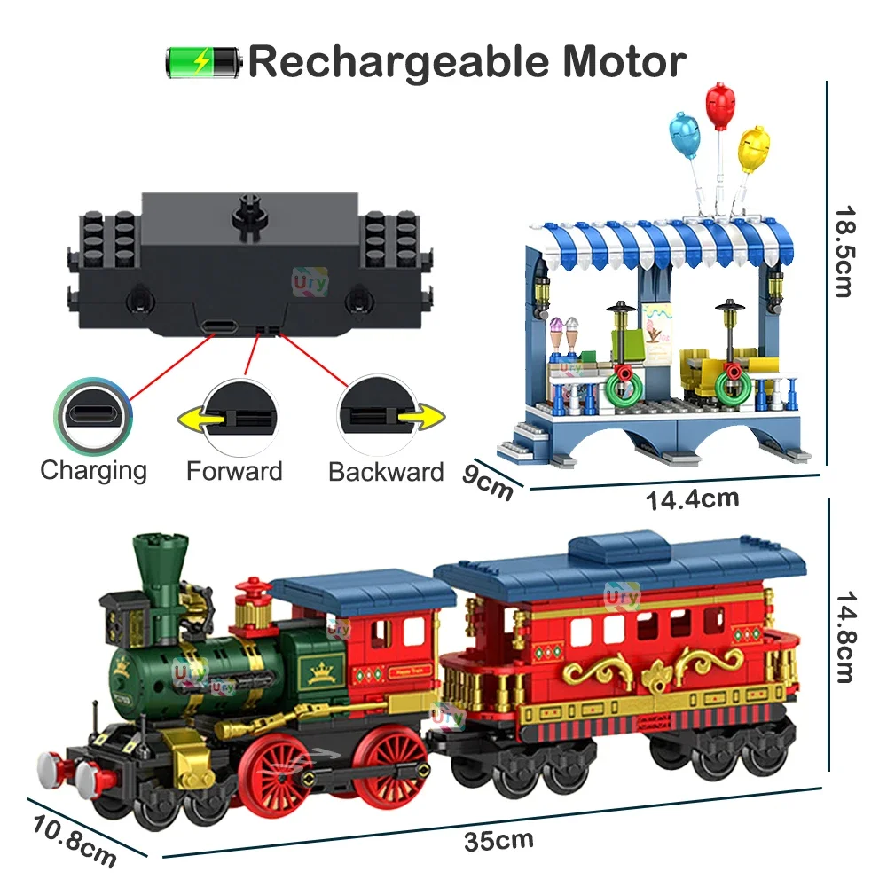 Technical Christmas Steam Train City Car Electric Model Rechargeable Lithium Battery Motor Building Blocks Toys For Boy Gifts