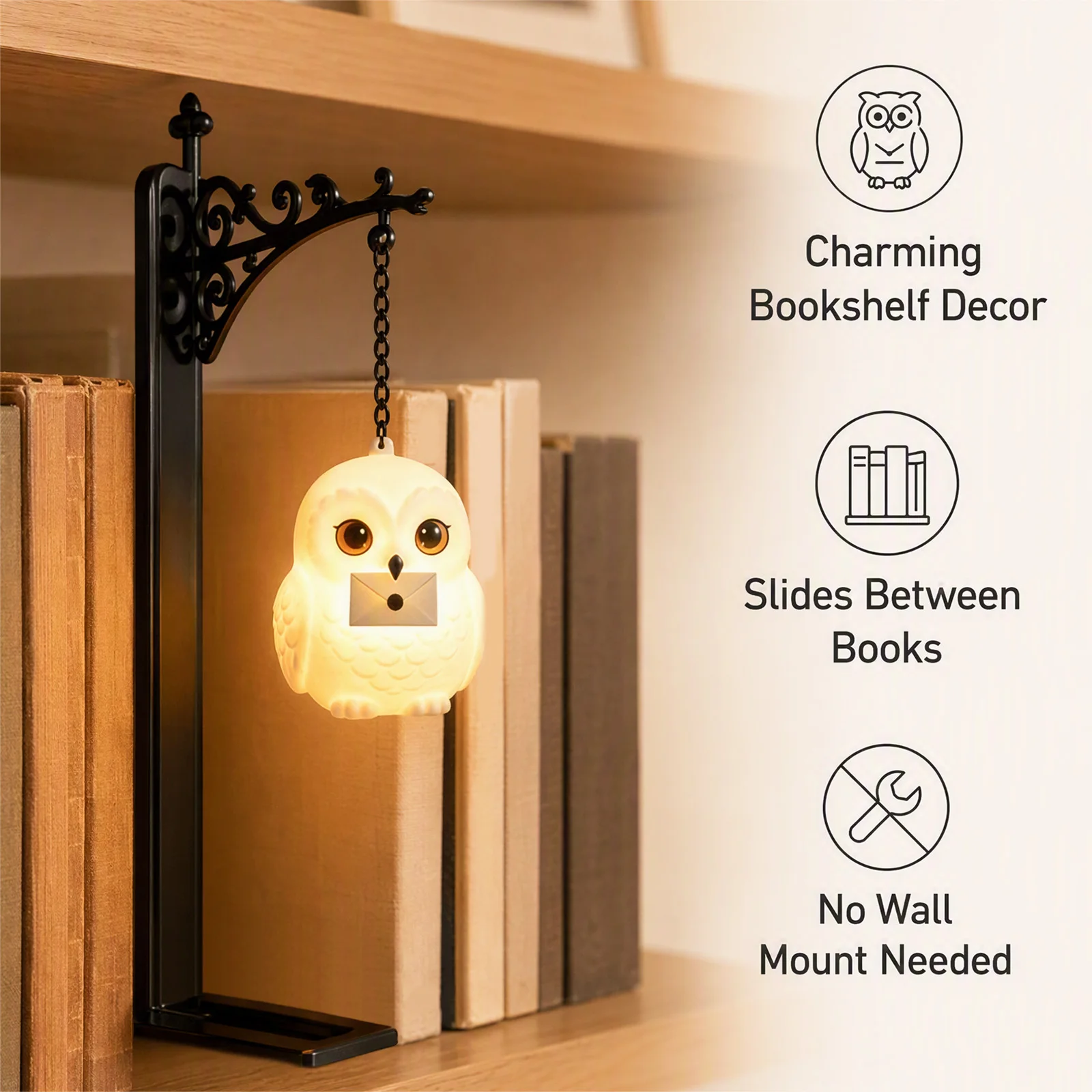 Owl Hanging Iron Bookshelf Light Decorative Art Bookend Reading Nook Library Bedroom Office Home Shelf