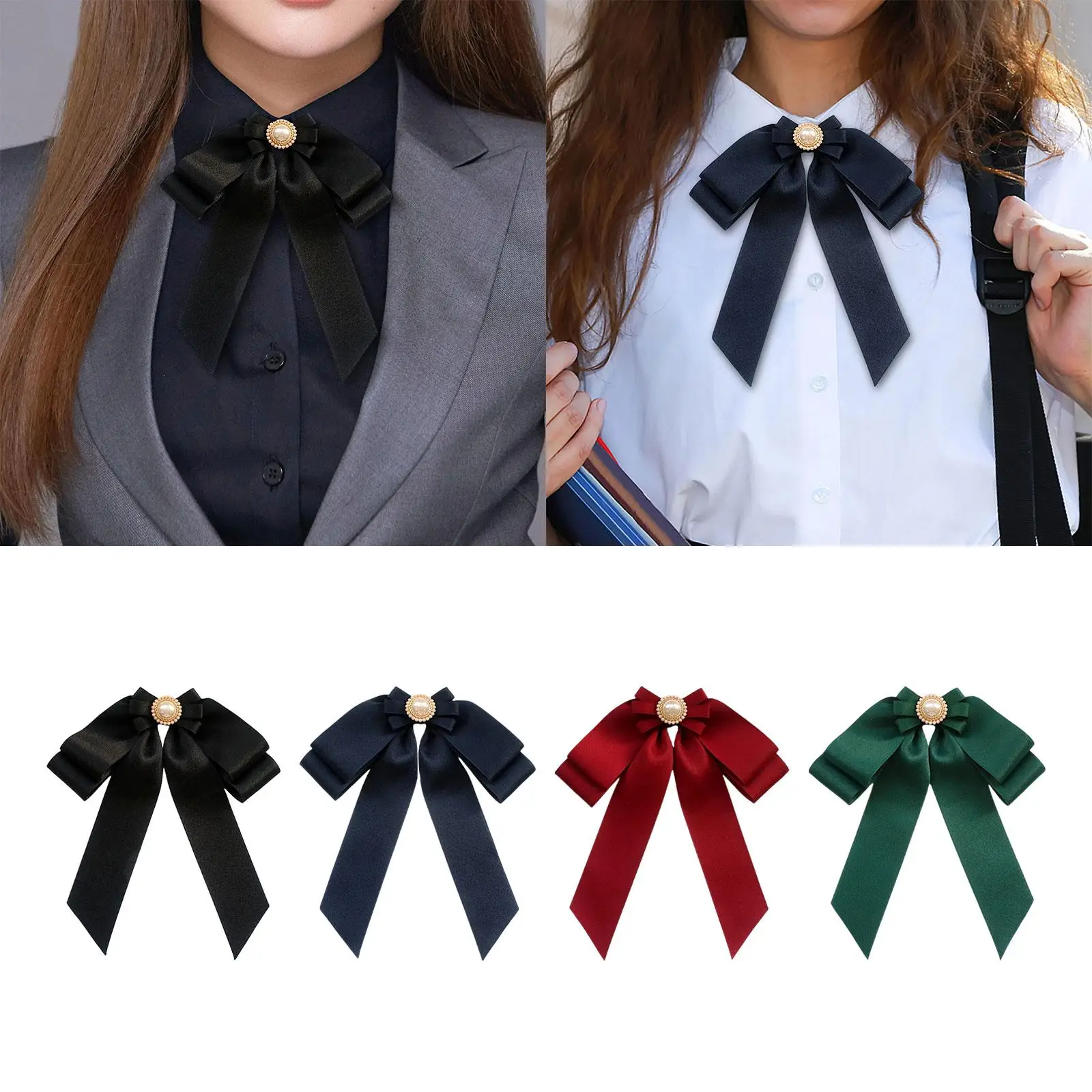 Women's Pre Tied Bowknot Brooch Bead Bow Tie Brooch Pin Fashionable Portable Neckties Pin Ribbon Brooch for Shirts Dress Coat