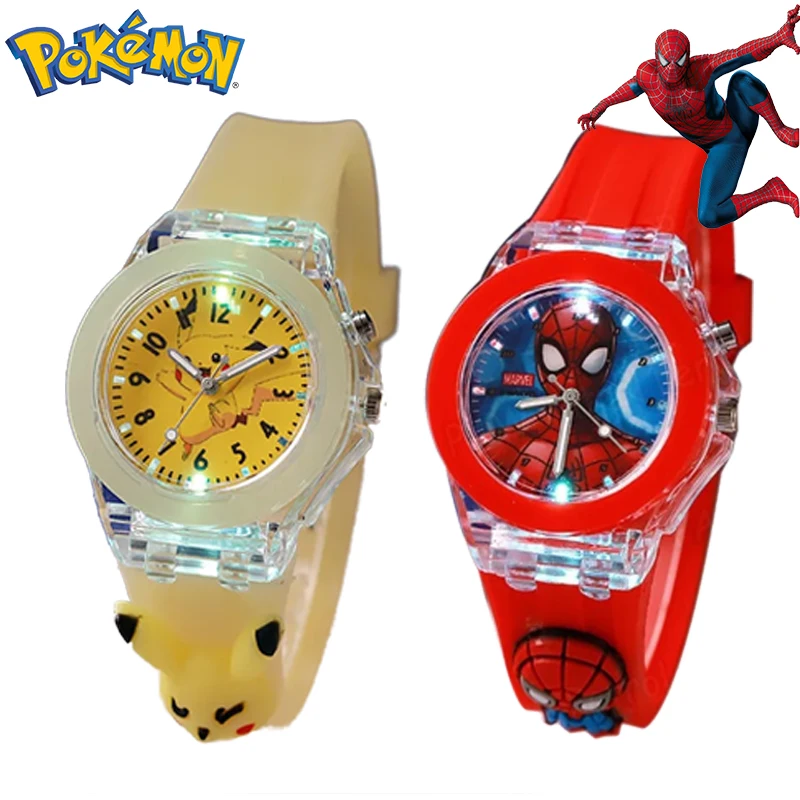 

New Pikachu Spiderman Boys Watches Silicone Strap Colorful Light Anime Pokemon Student Quartz Watch Kids Christmas Birthday Gift