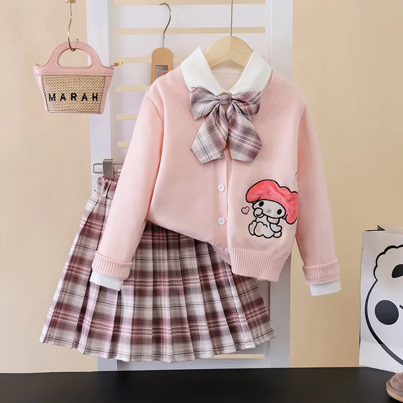 Sanrio Kuromi My Melody Costume Children\'s Cosplay JK Skirt College Style Knitted Cardigan Pleated Skirt Three Piece Set Skirt