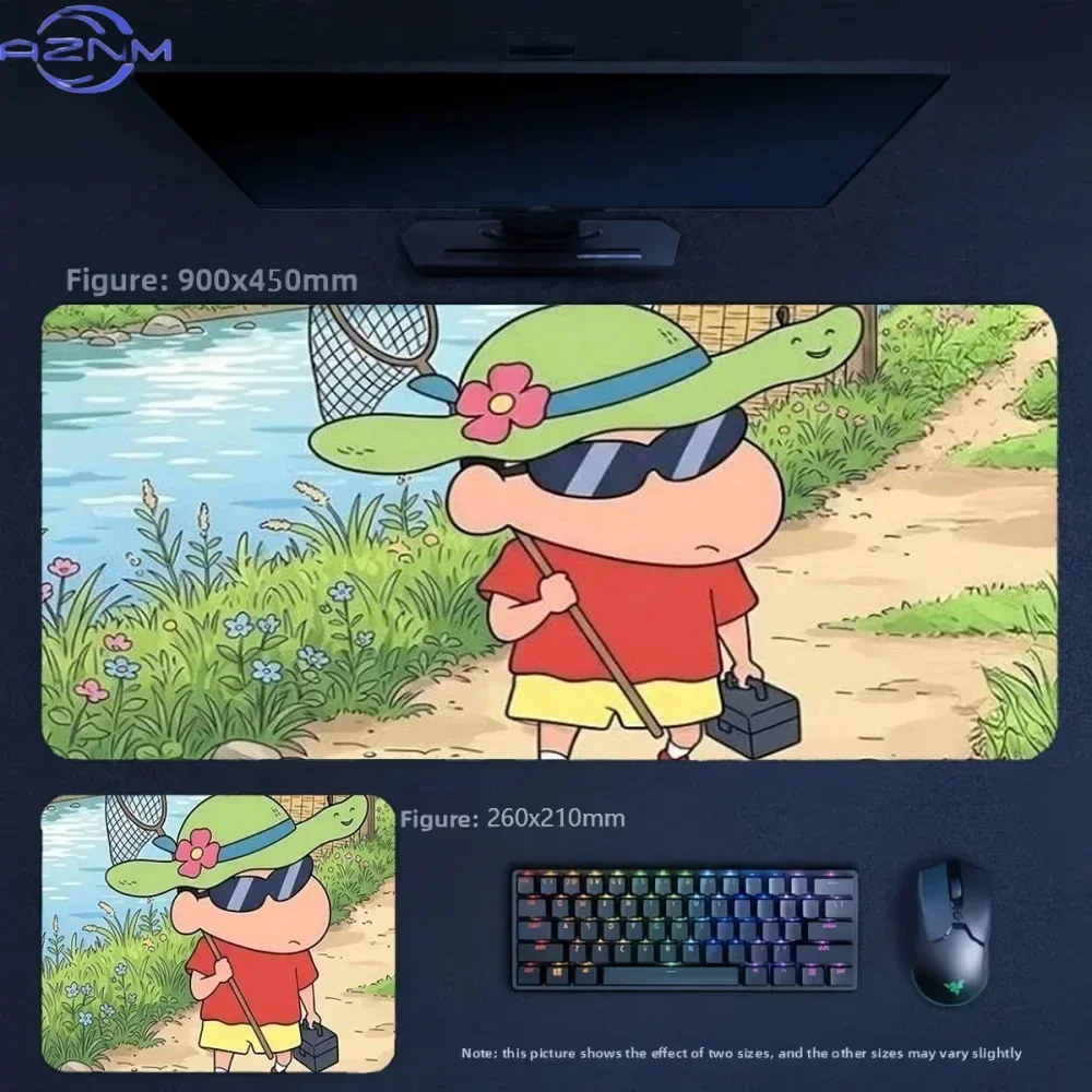 Anime Crayon Shin-chan Fishing By River Large Mousepad Rubber Non-Slip Gaming Desk Mat Keyboard Pad for Home Office Decor