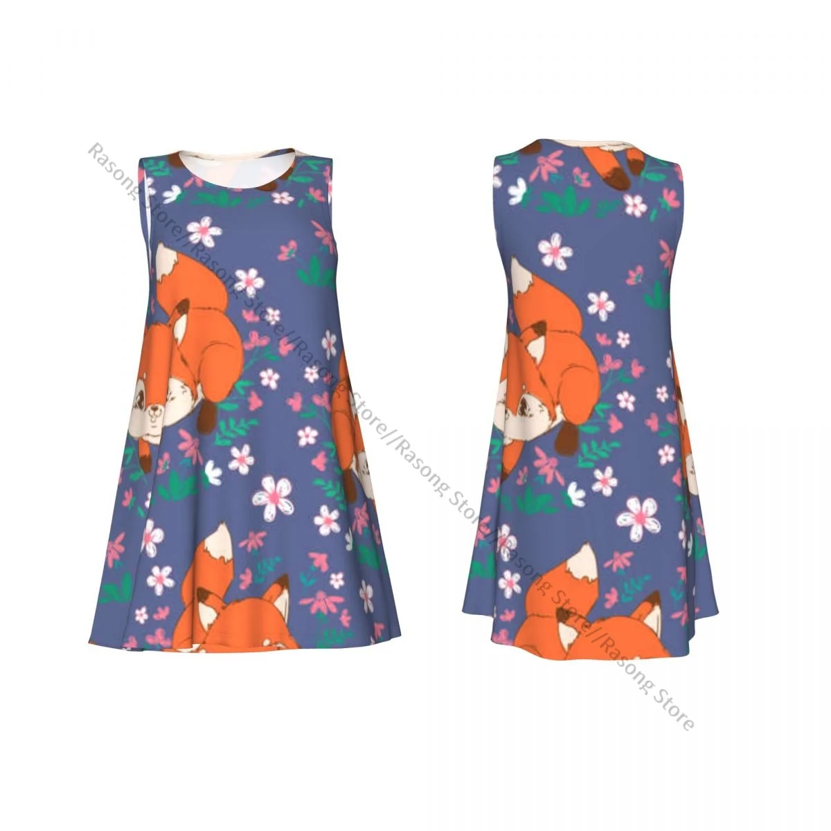 レディースドレス夏カジュアルTシャツドレスビーチカバーアップかわいいキツネと花柄タンクドレス