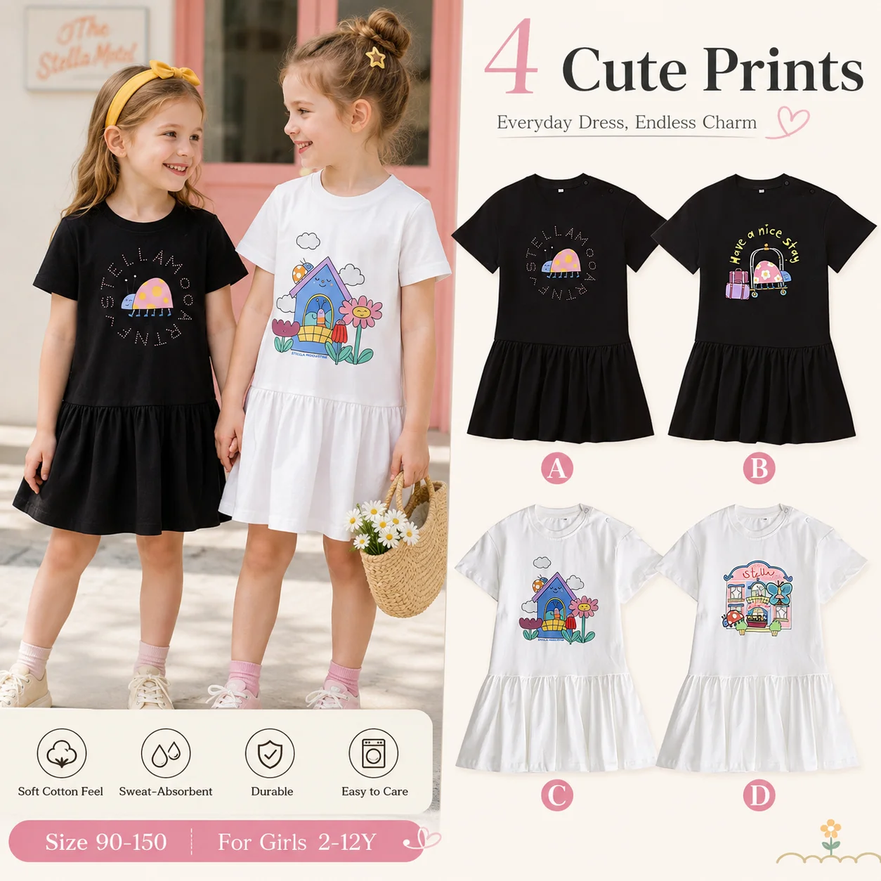 Kids Summer clothes 2026 New Baby Girls Dress %100 cotton Child short sleeve skirt Cartoon Bee Beetle little girl princess dress