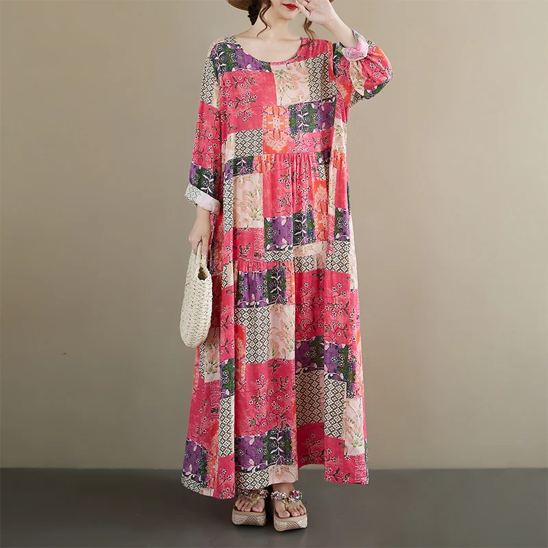 

Autumn 2025 New round Neck Sleeveless Loose Large Swing Print Dress Linen Cotton Middle Age Plaid Skirt A-Line Long Dress