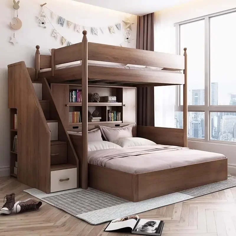 

Children's room mother bed staggered upper and lower beds dislocation type high and low bed wardrobe small apartment bed empty