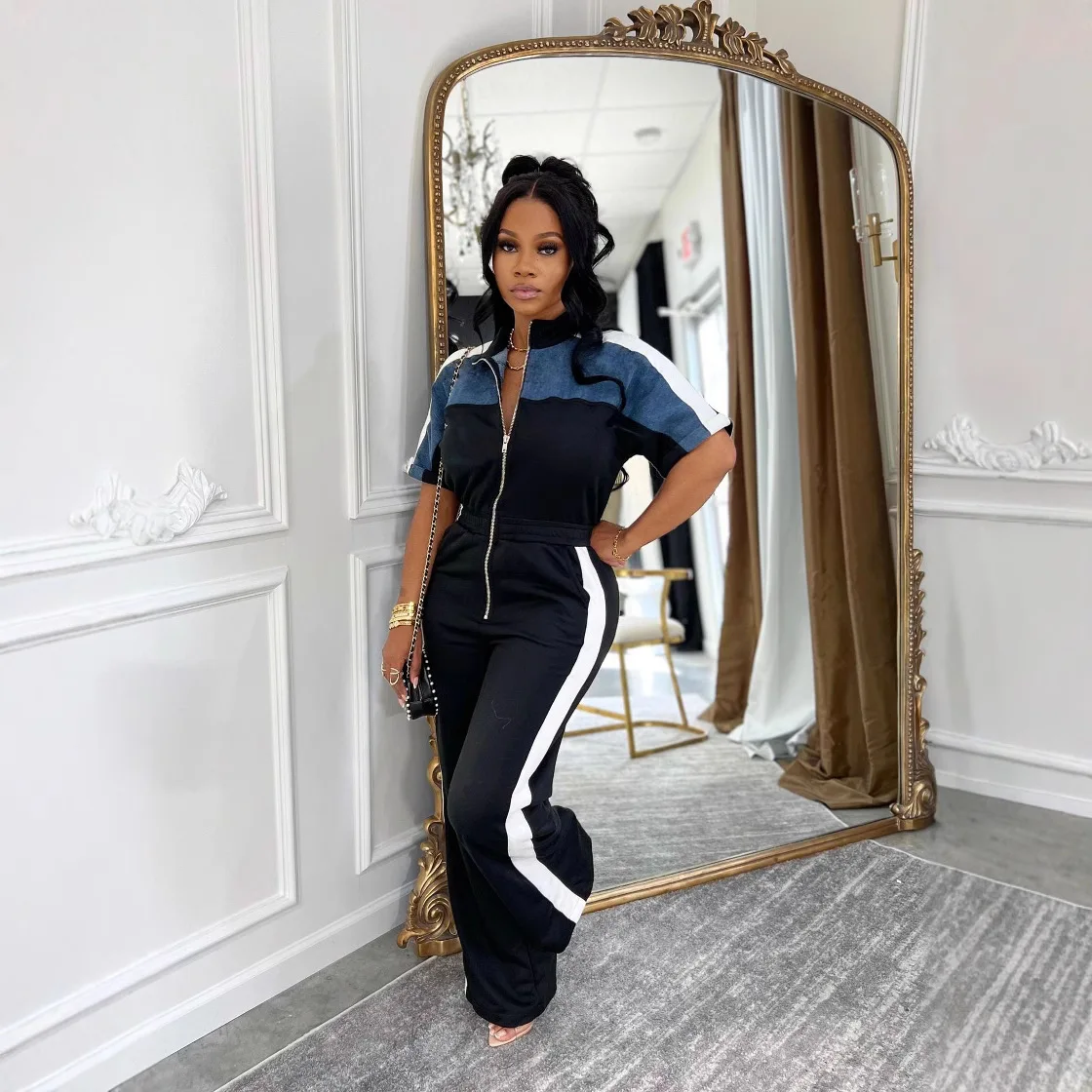 2025 Autumn New Women's Denim Color Matching Stand Collar Short Sleeve Long Zipper Jumpsuit Trousers