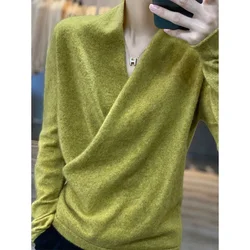 Suéteres de malha 100% lã pura feminina, decote em v, manga comprida, malha cashmere, macacões femininos, tops da moda outono, inverno, novo, 2024