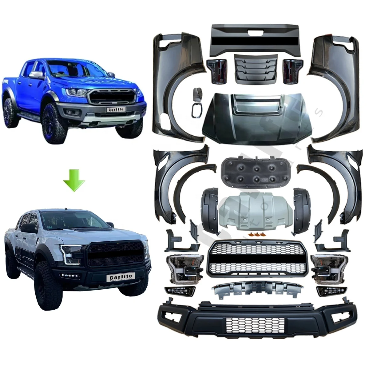 

Детали для кузова автомобиля, детали для пикапа для Ford Ranger 2012-2021, обновление до F150 Raptor, включают лампы, бампер, решетку, крыло