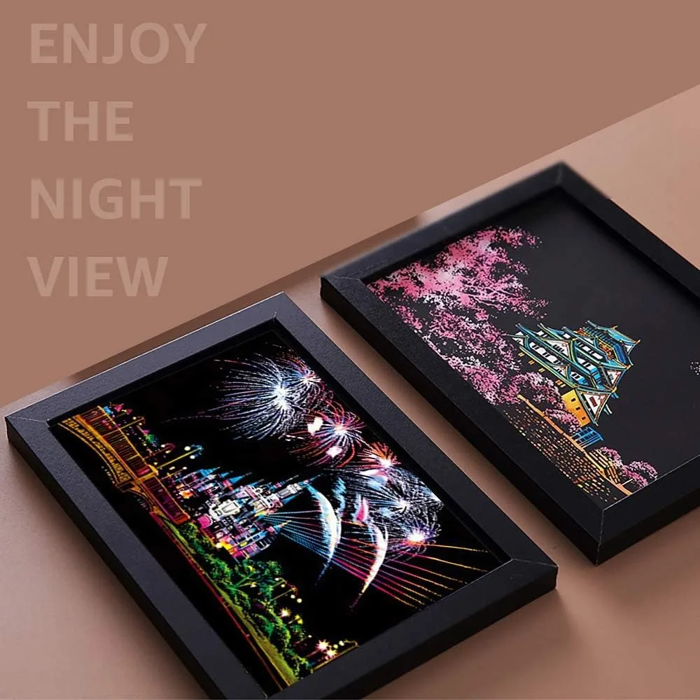 Magic Scratch art paper, mini envelope postcards, Rainbow Night view scratch board, for both adults and children