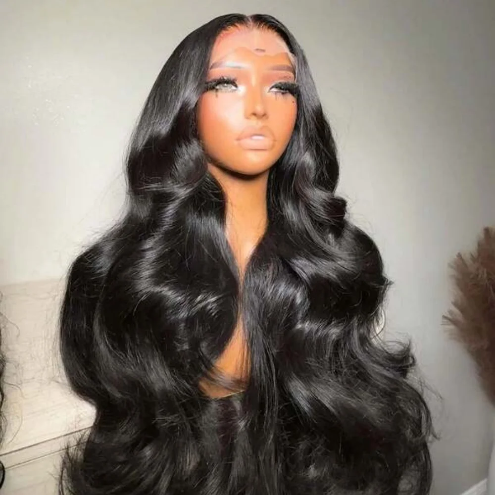 Peluca con malla frontal ondulada 13x4, cabello humano brasileño Remy, sin Gel prearrancado, 200% de densidad, negro Natural para mujeres