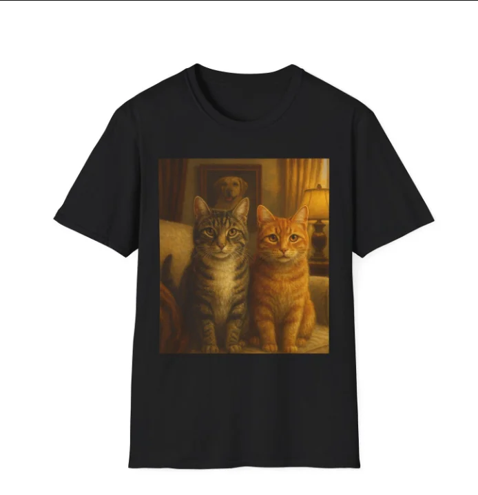 Vintage Cat Dog Family Portrait Short Sleeves T-Shirt Cute Retro Aesthetic Cat Lover Dog Lover Casual Streetwear Graphic Tee Top