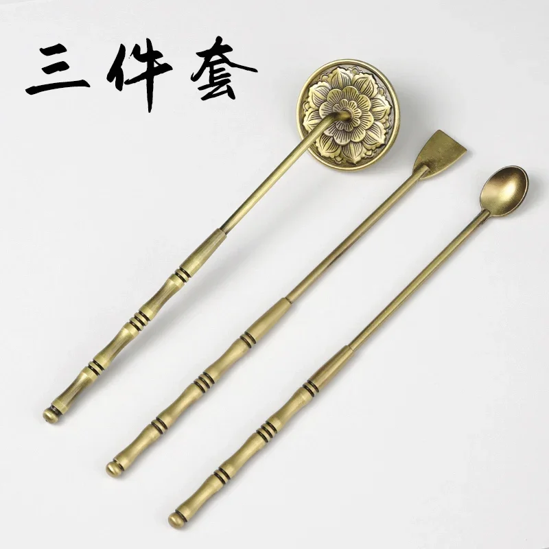 Incense Burner Long Handle Lotus Shape Handmade Carved Retro Chinese Incense Tools Brass  Material Household Set Spoon Portable